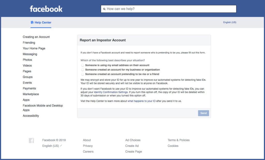 facebook report impersonation account