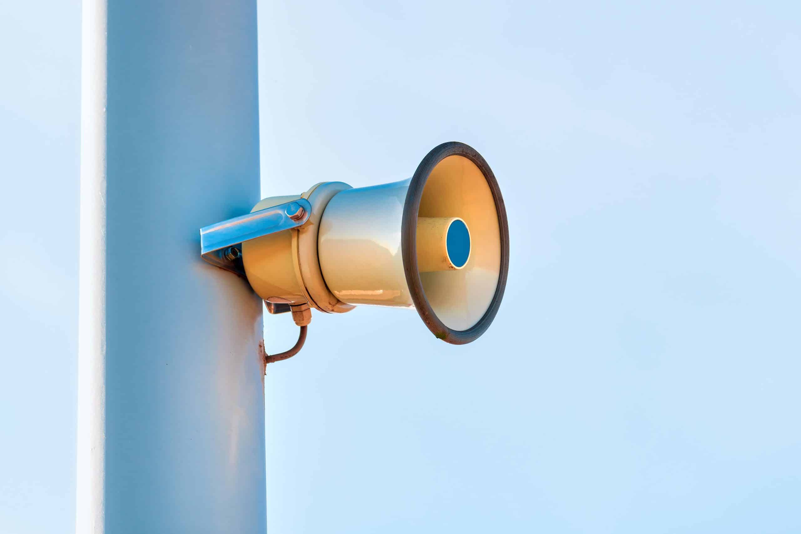 street loudspeaker megaphone mounted on the post 2021 04 03 14 59 25 utc 1 scaled
