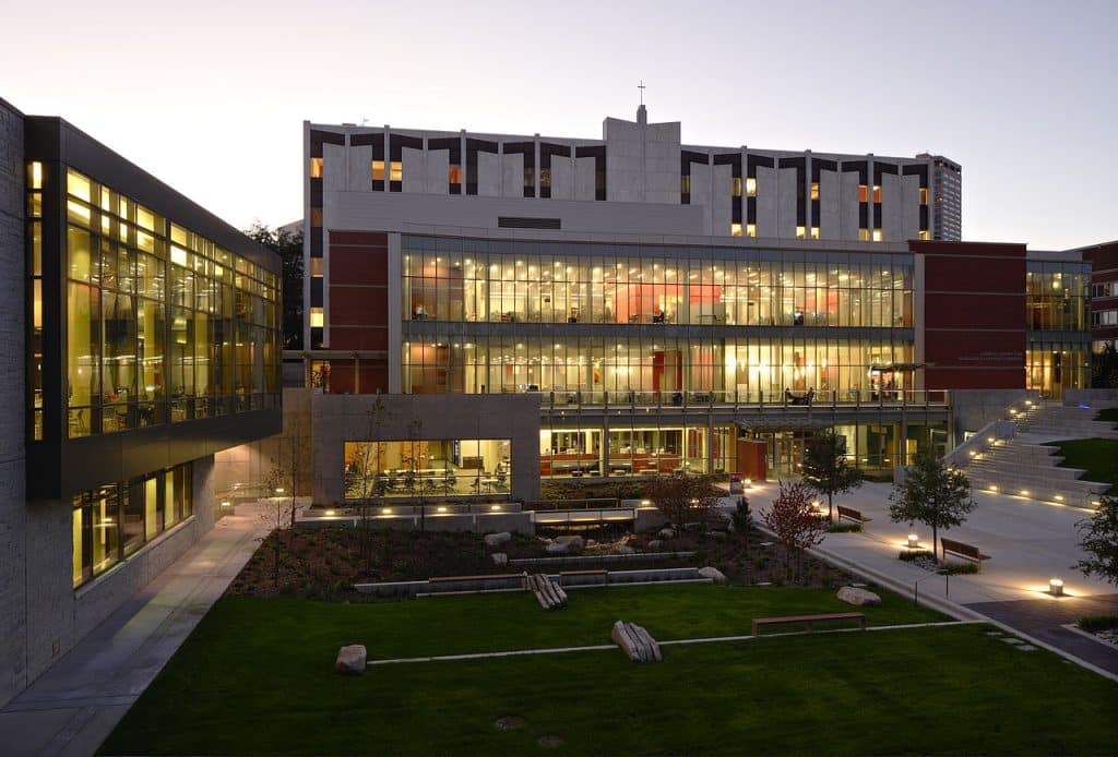 View of Lemieux Library and McGoldrick Learning Commons building at Seattle University, Seattle advertising agency