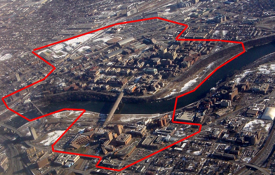 Aerial view of Minneapolis campus. University of Minnesota advertising aency