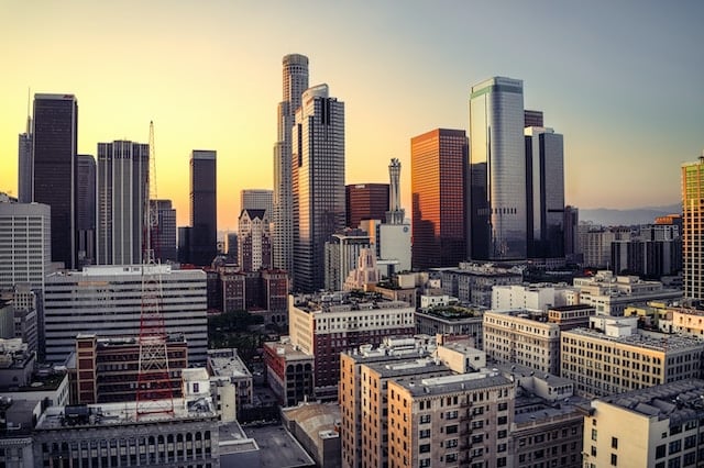 Downtown buildings in LA at sunset