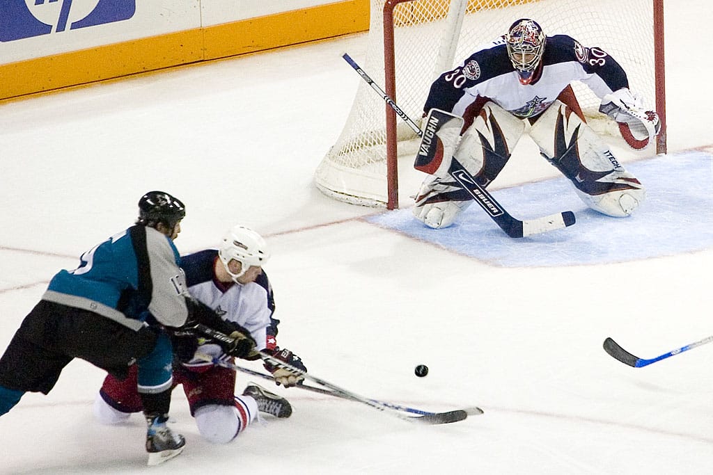 Player in net for Blue Jackets