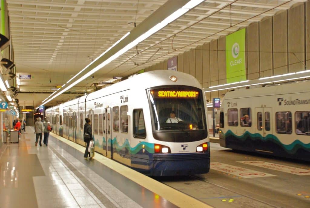 A light rail waiting for passengers at Downtown Seattle Transit Tunnel, Seattle advertising agency
