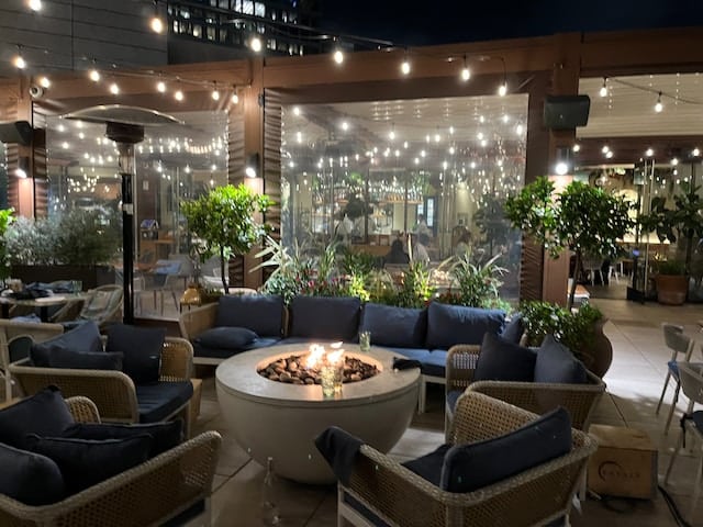 Nighttime at rooftop restaurant Terra at Eataly LA