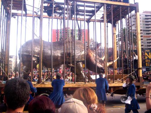 A statue of Rhinoceros made of bronze is at display at Santiago a Mil, Santiago advertising agency