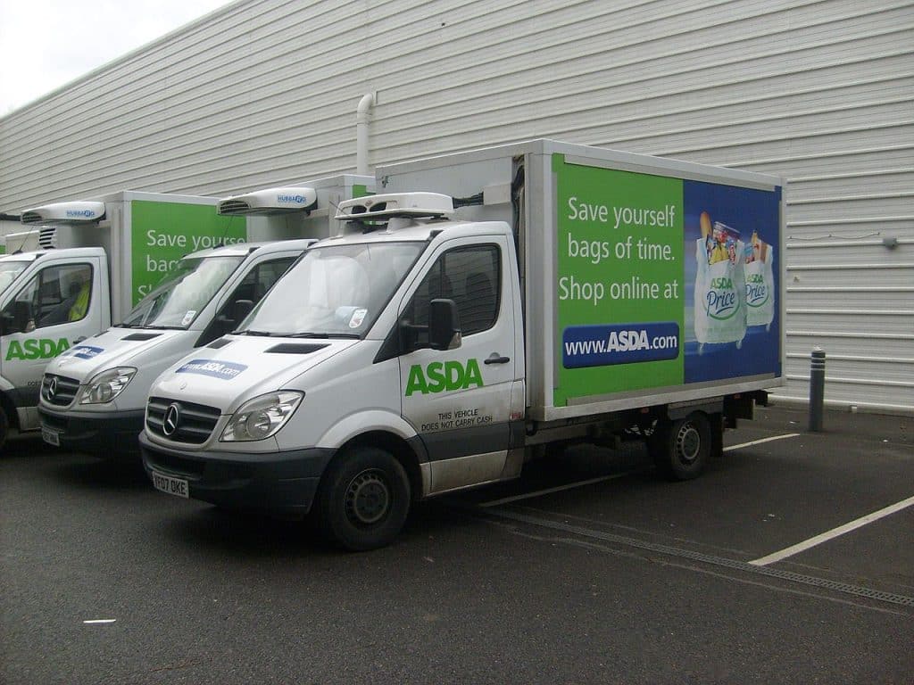 ASDA Mercedes Benz Sprinter delivery vans ready to deliver cargos, Delivery Advertising Agency.