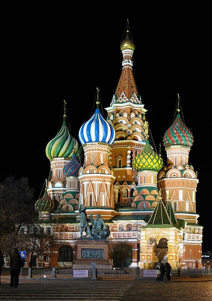 Night view of Saint Vasily cathedral in Moscow, Church Advertising Agency.