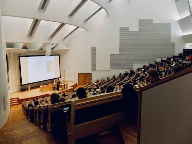 Professor providing a lecture to students, University College Advertising.
