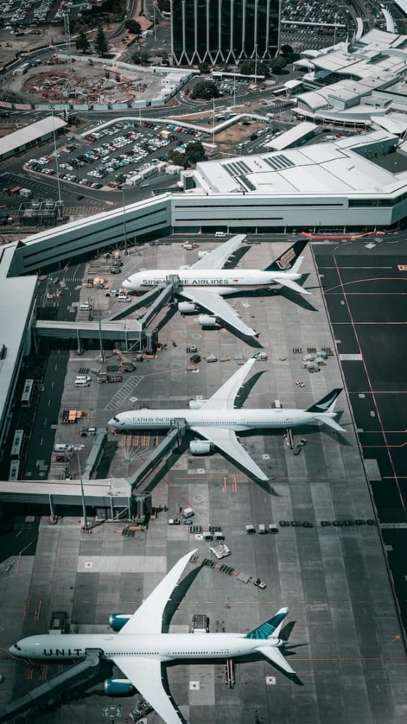 Aerial picture of Airport with airplanes. Airline Advertising Agency