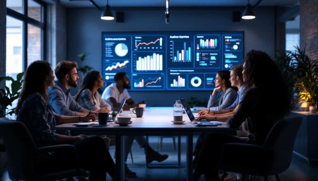 A photograph of a diverse group of professionals in a modern office setting