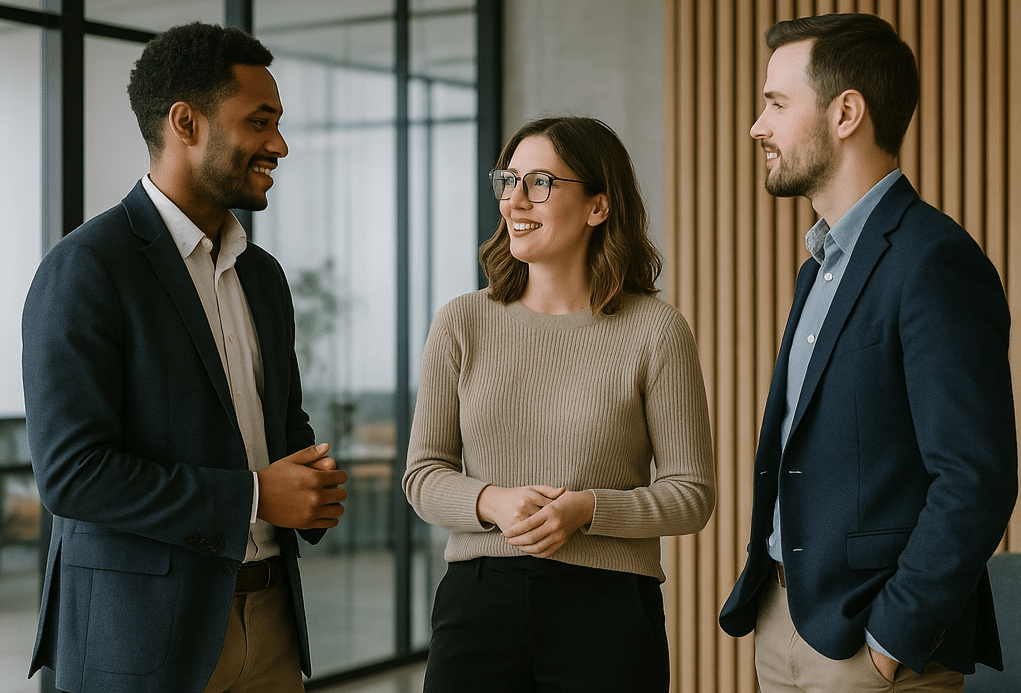 Three coworkers discuss OpenAI Company Knowledge in a bright modern office lounge