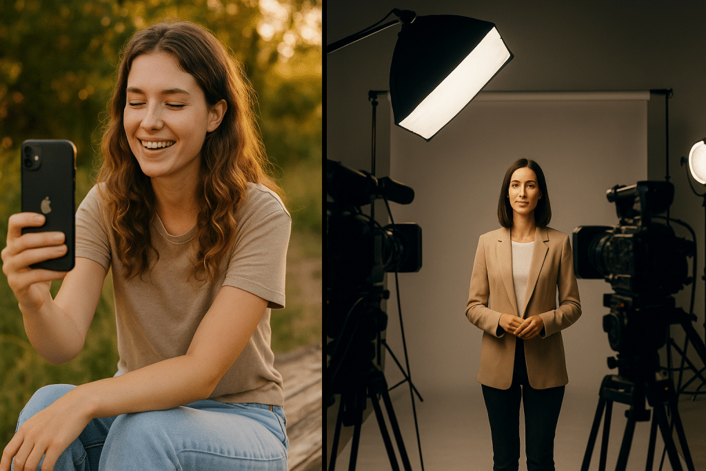 Side-by-side comparison showing a creator-style TikTok Spark Ads filmed on a phone versus a polished studio-style advertisement setup.