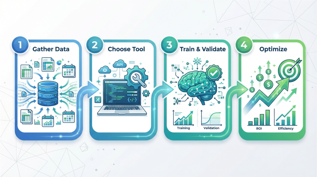 A visual representation of the 4-step process for implementing an AI media-mix model, from data gathering to optimization.