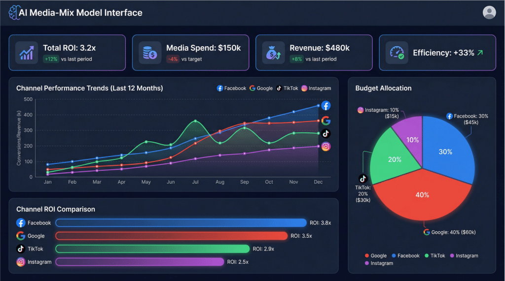 A dashboard showing an AI media-mix model with channel ROI and budget allocation recommendations.