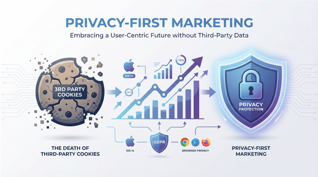 An illustration showing the death of third-party cookies and the rise of privacy-first marketing, highlighting the need for an AI media-mix model.