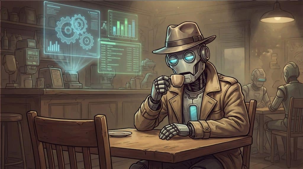 AI agent depicted as retro robot in fedora drinking espresso while managing advertising data and analytics in holographic display