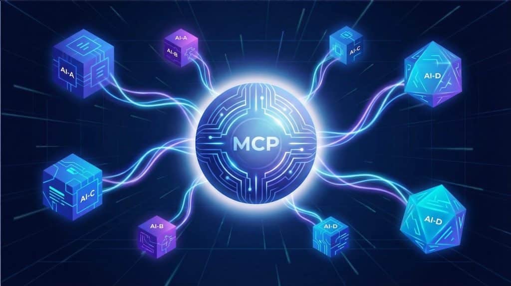 Model Context Protocol MCP connecting multiple AI platforms like ChatGPT and Gemini through central hub for agentic advertising