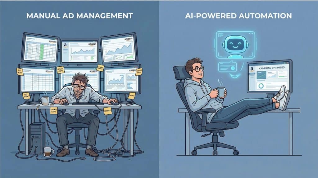 Comparison of manual Amazon Ads management versus AI-powered automation showing stressed advertiser versus relaxed workflow with AI agent